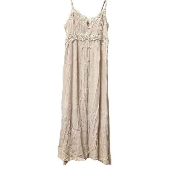 ASOS Dresses & Skirts - ASOS Crinkle Gauzy Button Front Lace Trim Viscose Cami Midi Dress Beige Large